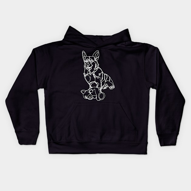 Dog Art Corgi and Toy White Line Drawing Kids Hoodie by ellenhenryart